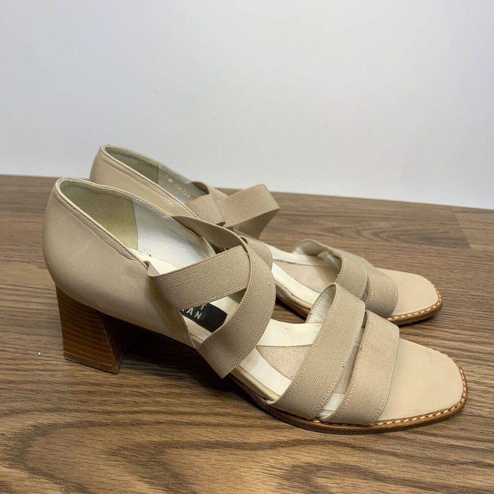 Stuart Weitzman Beige Leather Elastic Straps Chunky Heels Sandals Women's 7.5AA